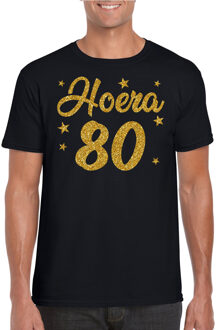 Bellatio Decorations Hoera 80 jaar verjaardag cadeau t-shirt - goud glitter op zwart - heren - cadeau shirt 2XL