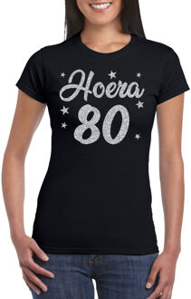 Bellatio Decorations Hoera 80 jaar verjaardag cadeau t-shirt - zilver glitter op zwart - dames - cadeau shirt XS