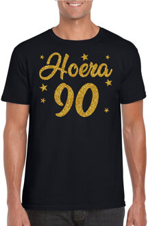 Bellatio Decorations Hoera 90 jaar verjaardag cadeau t-shirt - goud glitter op zwart - heren - cadeau shirt 2XL