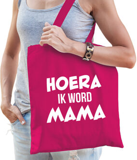 Bellatio Decorations Hoera ik word mama cadeau katoenen tas fuchsia roze voor dames - Cadeau aanstaande mama - Feest Boodschappentassen