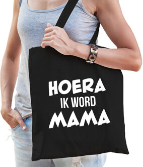 Bellatio Decorations Hoera ik word mama cadeau katoenen tas zwart voor dames - Cadeau aanstaande mama - Feest Boodschappentassen