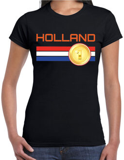 Bellatio Decorations Holland landen t-shirt met medaille en Nederlandse vlag - zwart - dames -  Holland landen shirt / kleding - EK / WK / Olympische spelen outfit 2XL