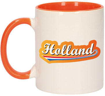 Bellatio Decorations Holland met lettercontour mok/ beker oranje wit 300 ml - feest mokken Multikleur