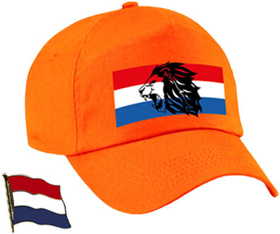 Bellatio Decorations Holland supporters setje - baseballcap print oranje - colbert pin broche vlag - volwassenen