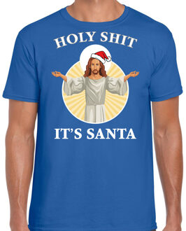 Bellatio Decorations Holy shit its Santa fout Kerstshirt / outfit blauw voor heren