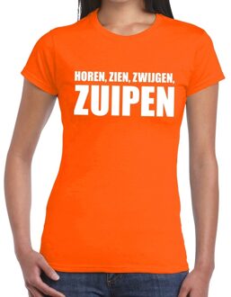 Bellatio Decorations Horen Zien Zwijgen Zuipen fun t-shirt oranje voor dames XS - Feestshirts