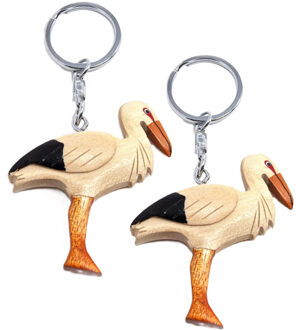 Bellatio Decorations Houten ooievaar sleutelhangers 6 cm van hout - 2x - Geboorte feest attenties - vogels - dieren