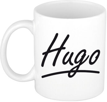 Bellatio Decorations Hugo Naam koffiemok - beker - met sierlijke letters - wit - 300 ml - Cadeau - Heren