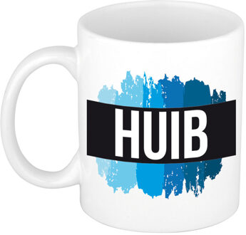 Bellatio Decorations Huib naam cadeau koffie mok - beker - met blauw verfstrepen - Cadeau collega - vaderdag