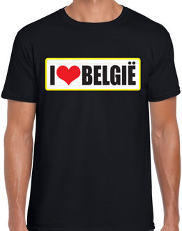 Bellatio Decorations I love Belgie landen t-shirt met bordje in de kleuren van de Belgische vlag - zwart - heren -  Belgie landen shirt / kleding - EK / WK / Olympische spelen outfit M