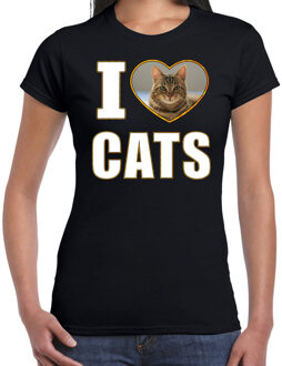 Bellatio Decorations I love cats t-shirt met dieren foto van een bruine kat zwart voor dames - cadeau shirt katten liefhebber 2XL