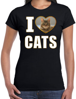 Bellatio Decorations I love cats t-shirt met dieren foto van een bruine kat zwart voor dames