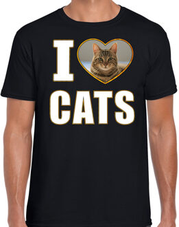 Bellatio Decorations I love cats t-shirt met dieren foto van een bruine kat zwart voor heren