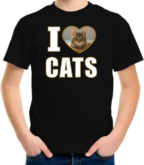 Bellatio Decorations I love cats t-shirt met dieren foto van een bruine kat zwart voor kinderen
