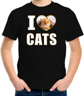 Bellatio Decorations I love cats t-shirt met dieren foto van een rode kat zwart voor kinderen - cadeau shirt katten liefhebber L (146-152)