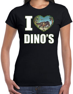 Bellatio Decorations I love dino's t-shirt met dieren foto van een dino zwart voor dames - cadeau shirt T-Rex dino's liefhebber 2XL