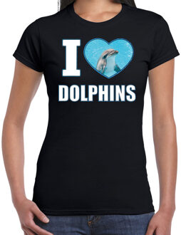 Bellatio Decorations I love dolphins t-shirt met dieren foto van een dolfijn zwart voor dames - cadeau shirt dolfijnen liefhebber 2XL