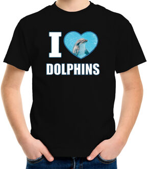 Bellatio Decorations I love dolphins t-shirt met dieren foto van een dolfijn zwart voor kinderen - cadeau shirt dolfijnen liefhebber L (146-152)