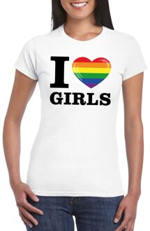 Bellatio Decorations I love girls gay regenboog t-shirt wit dames 2XL - Feestshirts