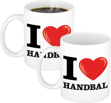 Bellatio Decorations I Love Handbal - 2x - Sport - cadeau koffiemok - beker - wit - met rood hartje - 300 ml