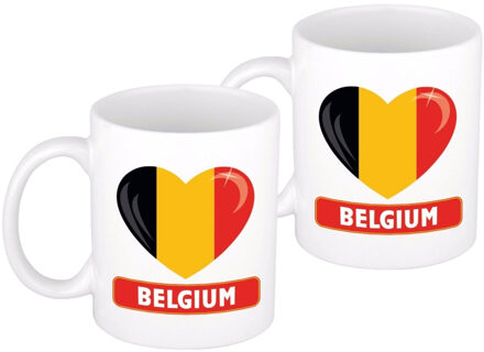Bellatio Decorations I Love Hartje vlag Belgie koffiemok - 2x stuks - beker - 300 ml - landen vlag supporters - feestarti