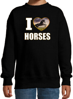 Bellatio Decorations I love horses sweater met dieren foto van een zwart paard zwart voor kinderen - cadeau trui paarden liefhebber - kinderkleding / kleding 5-6 jaar (110/116)