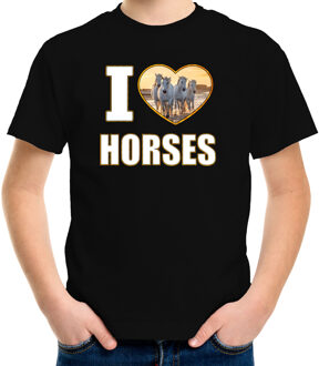 Bellatio Decorations I love horses t-shirt met dieren foto van een wit paard zwart voor kinderen - cadeau shirt paarden liefhebber L (146-152)