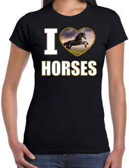 Bellatio Decorations I love horses t-shirt met dieren foto van een zwart paard zwart voor dames - cadeau shirt paarden liefhebber 2XL