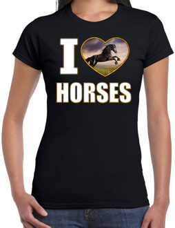 Bellatio Decorations I love horses t-shirt met dieren foto van een zwart paard zwart voor dames