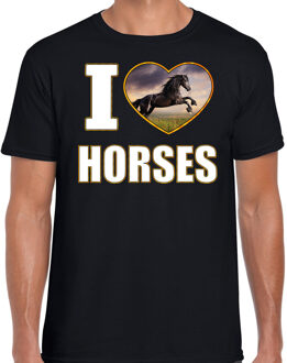 Bellatio Decorations I love horses t-shirt met dieren foto van een zwart paard zwart voor heren
