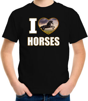 Bellatio Decorations I love horses t-shirt met dieren foto van een zwart paard zwart voor kinderen - cadeau shirt paarden liefhebber M (134-140)