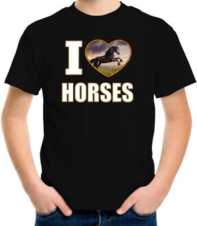 Bellatio Decorations I love horses t-shirt met dieren foto van een zwart paard zwart voor kinderen