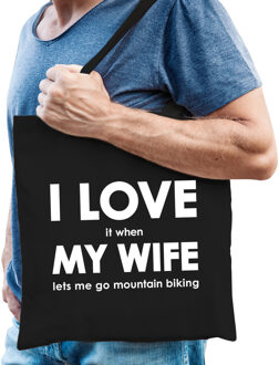 Bellatio Decorations I love it when my wife lets me go mountain biking cadeau katoenen tas / shopper zwart heren