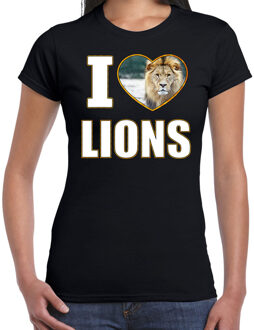 Bellatio Decorations I love lions t-shirt met dieren foto van een leeuw zwart voor dames