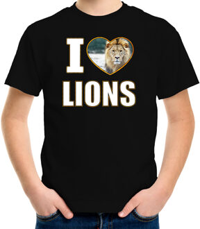 Bellatio Decorations I love lions t-shirt met dieren foto van een leeuw zwart voor kinderen - cadeau shirt leeuwen liefhebber L (146-152)