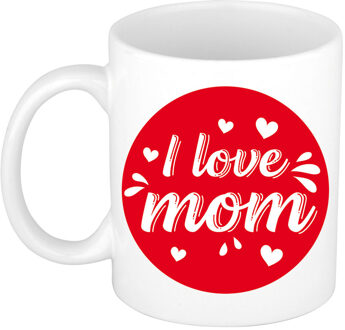 Bellatio Decorations I love mom/ mama cadeau koffiemok / theebeker wit cirkel met hartjes 300 ml - feest mokken Rood