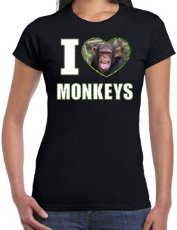 Bellatio Decorations I love monkeys t-shirt met dieren foto van een Chimpansee aap zwart voor dames