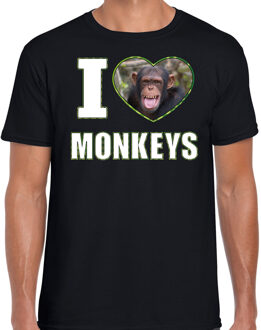 Bellatio Decorations I love monkeys t-shirt met dieren foto van een Chimpansee aap zwart voor heren - cadeau shirt apen liefhebber 2XL