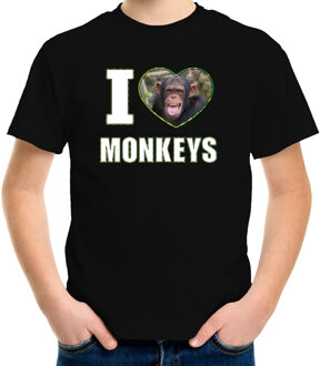 Bellatio Decorations I love monkeys t-shirt met dieren foto van een Chimpansee aap zwart voor kinderen - cadeau shirt apen liefhebber L (146-152)