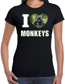 Bellatio Decorations I love monkeys t-shirt met dieren foto van een Gorilla aap zwart voor dames - cadeau shirt apen liefhebber 2XL