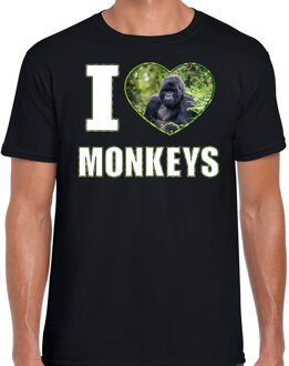 Bellatio Decorations I love monkeys t-shirt met dieren foto van een Gorilla aap zwart voor heren - cadeau shirt apen liefhebber 2XL