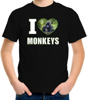 Bellatio Decorations I love monkeys t-shirt met dieren foto van een Gorilla aap zwart voor kinderen - cadeau shirt apen liefhebber L (146-152)