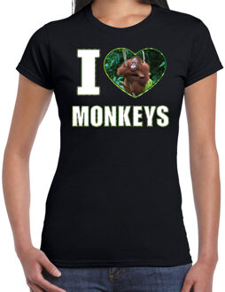 Bellatio Decorations I love monkeys t-shirt met dieren foto van een Orang oetan aap zwart voor dames