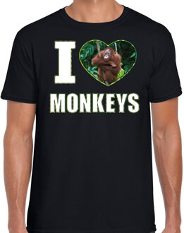Bellatio Decorations I love monkeys t-shirt met dieren foto van een Orang oetan aap zwart voor heren