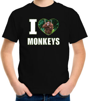 Bellatio Decorations I love monkeys t-shirt met dieren foto van een Orang oetan aap zwart voor kinderen - cadeau shirt apen liefhebber L (146-152)