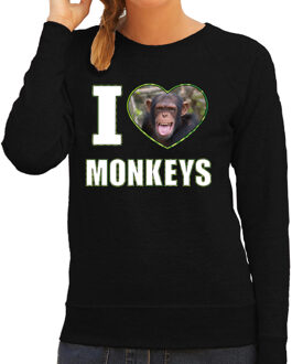 Bellatio Decorations I love monkeys trui met dieren foto van een Chimpansee aap zwart voor dames - cadeau sweater apen liefhebber 2XL