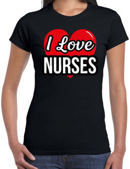 Bellatio Decorations I love nurses / zusters verkleed t-shirt zwart voor dames - Outfit verkleed feest 2XL