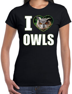 Bellatio Decorations I love owls t-shirt met dieren foto van een uil zwart voor dames - cadeau shirt Oehoe uilen liefhebber 2XL