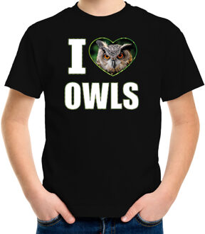 Bellatio Decorations I love owls t-shirt met dieren foto van een uil zwart voor kinderen - cadeau shirt uilen liefhebber L (146-152)