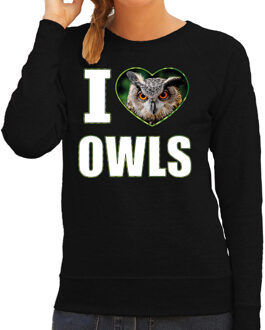 Bellatio Decorations I love owls trui met dieren foto van een uil zwart voor dames - cadeau sweater uilen liefhebber 2XL